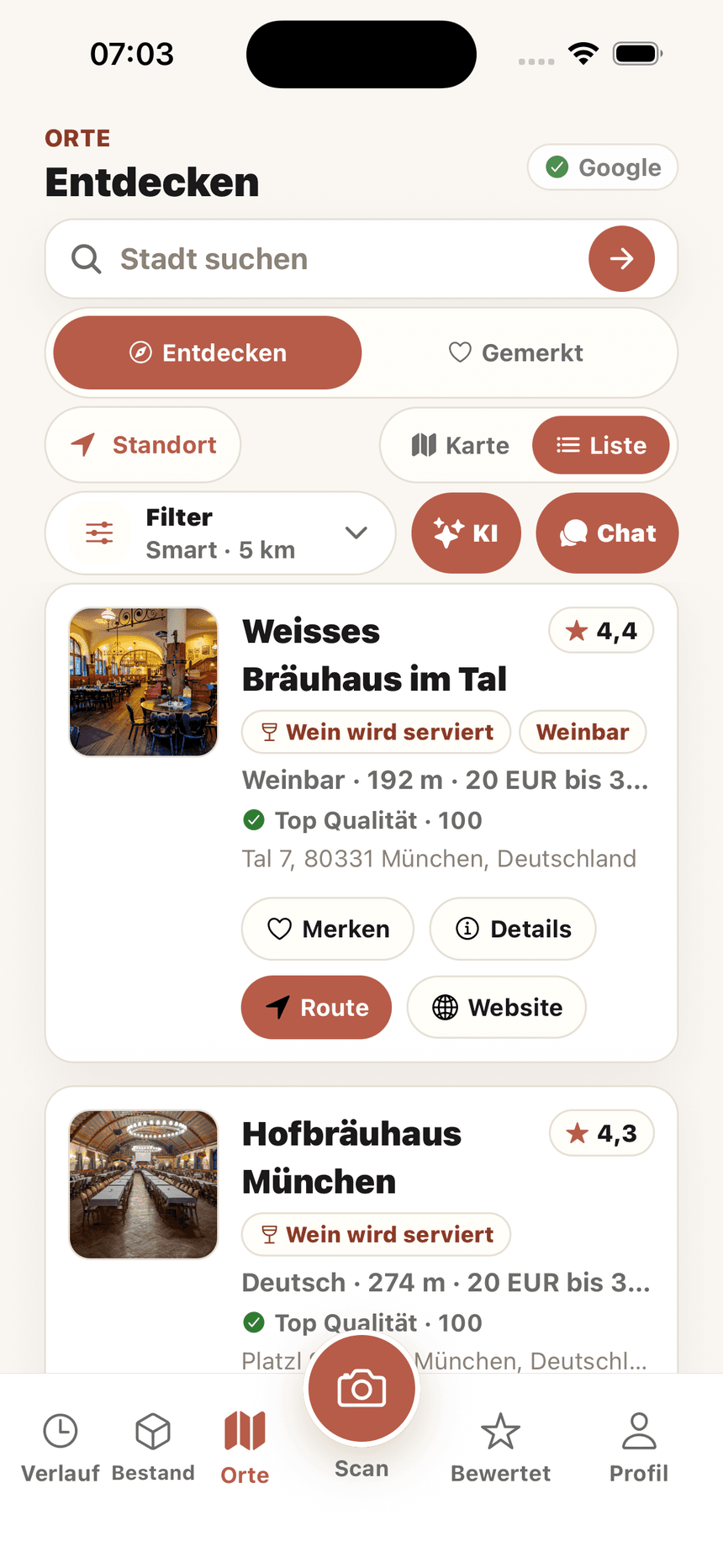 Wein Scanner Restaurant Finder mit Restaurantliste