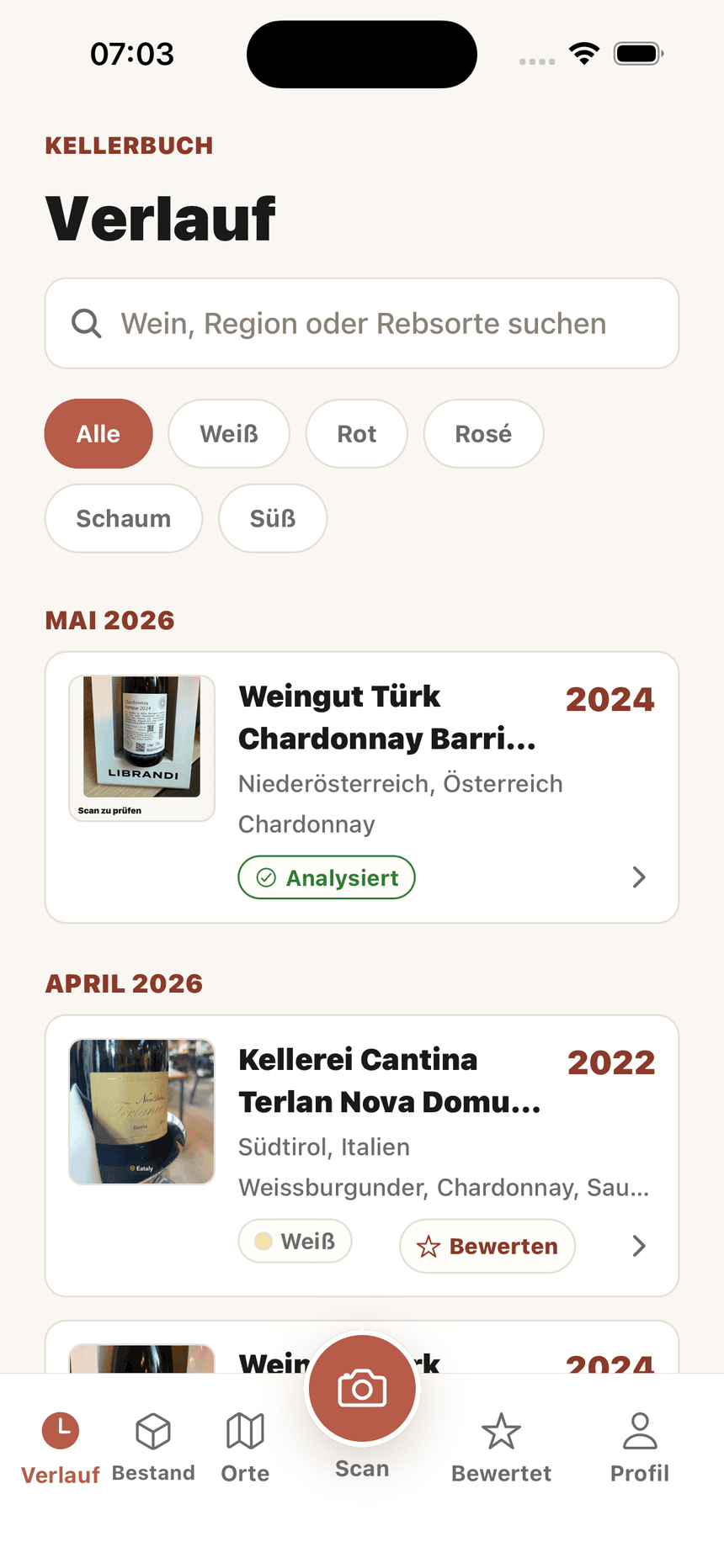 Wein Scanner Verlauf mit analysierten Scans