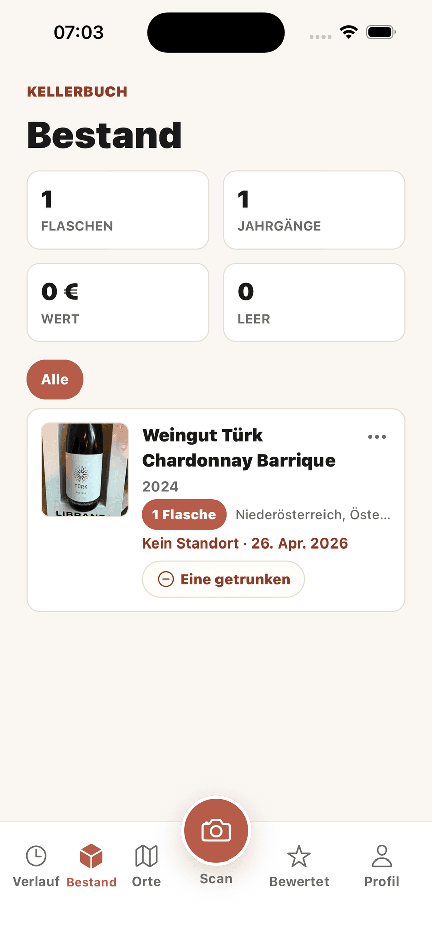 Wein Scanner Weinregal mit gespeicherten Flaschen