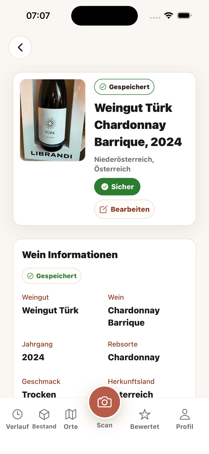 Wein Scanner Weinprofil mit Aromen und Pairing